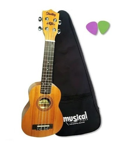 Kit Ukulele Shelby Mogno Su21m Soprano Capa Palhetas Oferta!