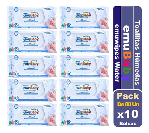 Toallitas Húmedas Emubaby Water 80 Un C/u Pack De 10 Bolsas