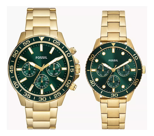 Reloj Parejas Fossil Bq2754set Correa Dorado Bisel Verde Musgo Fondo Verde Musgo