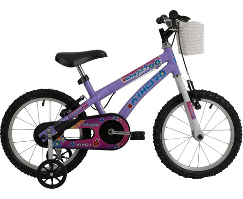 Bicicleta Passeio Infantil Athor Bikes Baby Girl Aro 16 Feminina Bike Com Cestinha Freio V-break Cor Violeta Descanso Lateral