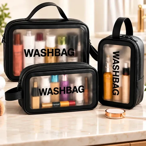 Kit Necessaire Impermeável Organizador De Viagem Feminina Necessaires Mala Para Maquiagem Na Cor Preta Bolsa Lisa Transparente De Praia e Piscina 3 Peças Estojo Para Cosméticos - M
