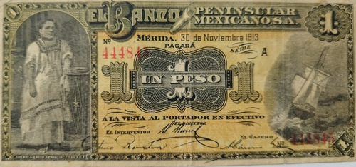 Billete Banco Peninsular Mexicano 1 Peso 1913 Buena Condicio