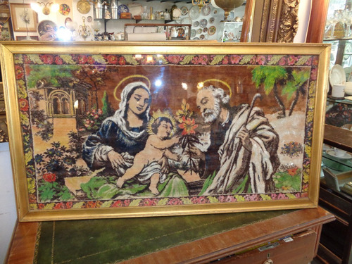 Imagen 1 de 10 de Antiguo Cuadro Con Tapiz De La Sagrada Familia