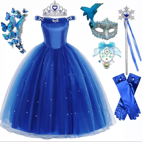 Vestido Fantasia Princesa Cinderela Menina Festa Dama Com Kit Coroa Luva  Varinha