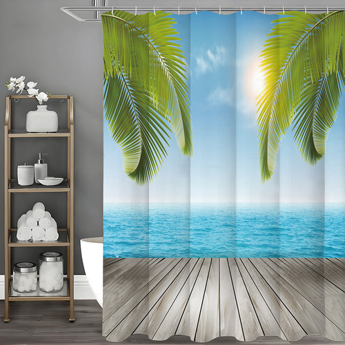 Cortina De Baño Con Patrón De Sol Junto Al Mar, 180 * 180cm