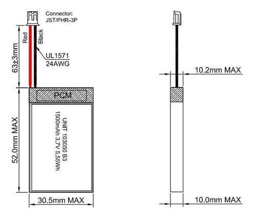 1500mah Bateria Recargable Lipo 103050 3.7v 50x30x10 Mm