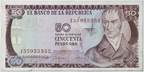 Billete 50 Pesos 20/jul/1973 9 Digitos Colombia Vf