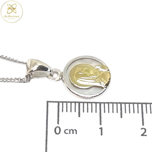 Cadena Plata + Dije Plata Y Oro Virgen Niña Con Nacar 13mm