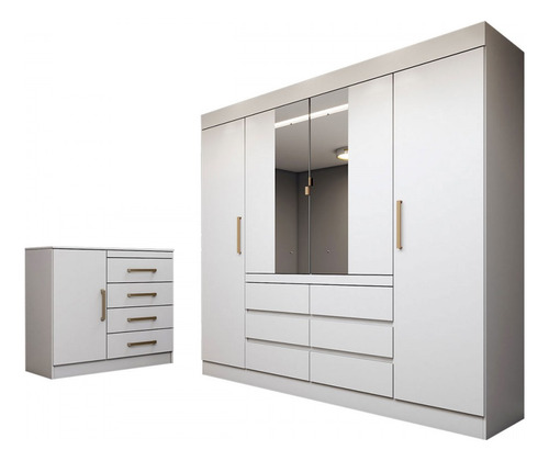 Guarda-roupa Casal Honey 4 Portas 6 Gavetas Espelho Branco