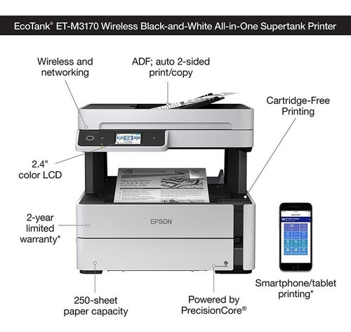 Epson Multifunción Ecotank M3170 Monocromo Wifi Red Duplex Color Blanco/negro