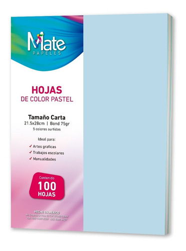 Mate | Hojas Color Pastel | Bond 75 G | 100 Hojas Color
