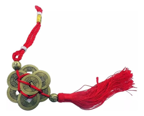 Colgante 7 Monedas Chinas Fengshui Nudo Infinito Abundancia Rojo