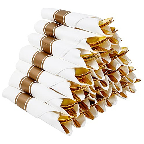 30 Pack Pre Rolled Gold Plastic Cutlery, Disposable Hea...