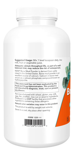 Now Foods Pure Bone Meal Powder, frasco de 16 oz, sem sabor