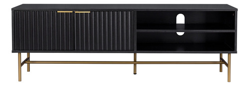 Mueble Rack De Tv Acanalado Top Living Relan Queens Centro de Entretenimiento Con Puertas Color Negro y Dorado