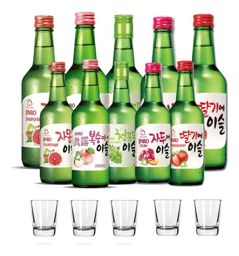 10 Soju Coreano Sabores + 5 Vasos De Shot