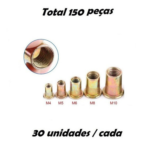 Imagem 1 de 10 de 150 Rebites Rosca Interna M4 M5 M6 M8 M10 Kit 30 Uni Cada