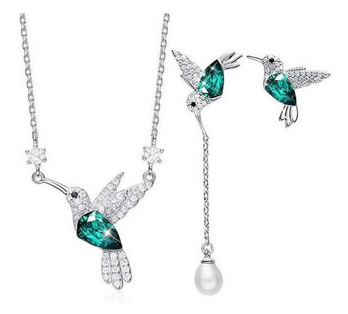 Juego Joyas Colibrí S925 Plata Cristal Swarovski Esmeralda