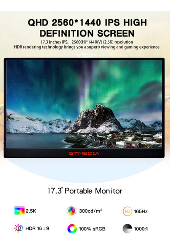 Monitor Gamer Portátil 17.3 2.5k 165hz Hdr Pantallas Lcd