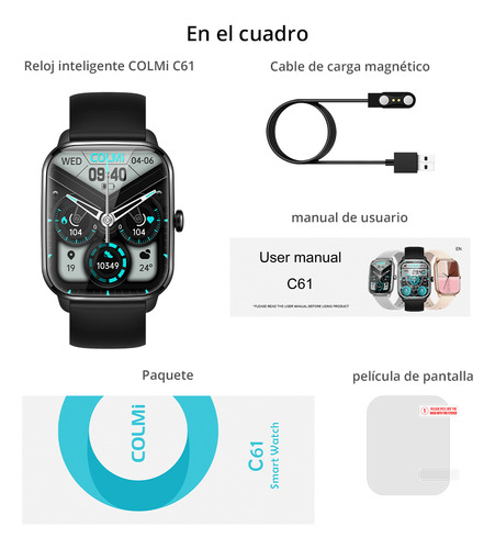 Reloj Smartwach Colmi C61, pantalla de llamadas/mensajes 1.9, color negro, correa, color negro