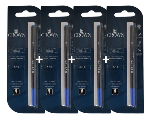 Kit 4 Cargas Para Caneta Crown Rollerball Ca22007 Azul Preta