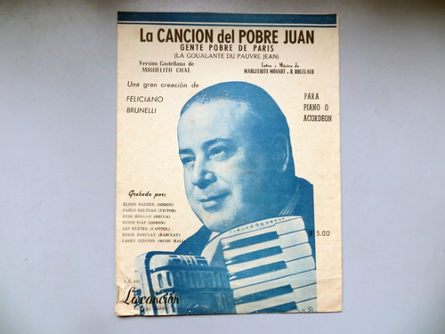 La Canción Del Pobre Juan Brunelli Monnot Partitura 1954