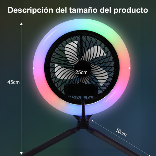 Mini Ventilador Escritorio Con Aro Luz Led Rgb Trípode Mesa 25 Cm Negro Blanco Plástico 5