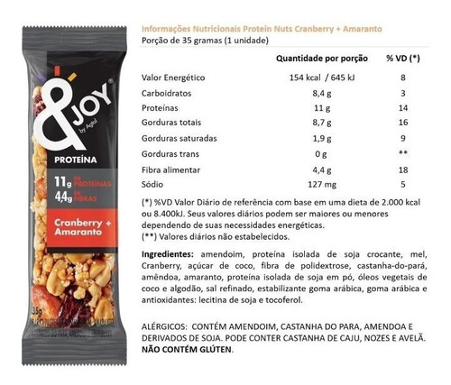 Barra De Nuts&joy Proteína Cranberry E Amaranto C/ 12 Barras