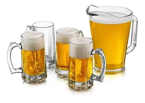 Set Jarra Y 4 Tarros Cerveceros De Vidrio Crisa 5 Piezas