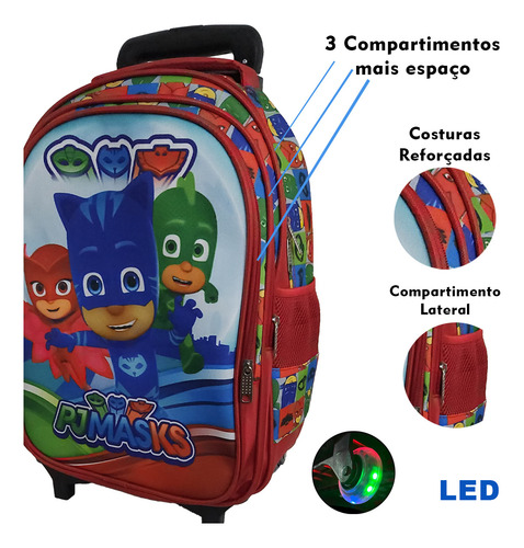 Kit Mochila Escolar Com Rodinhas, Pjmasks, Lancheira Estojo Vermelho Pj Masks