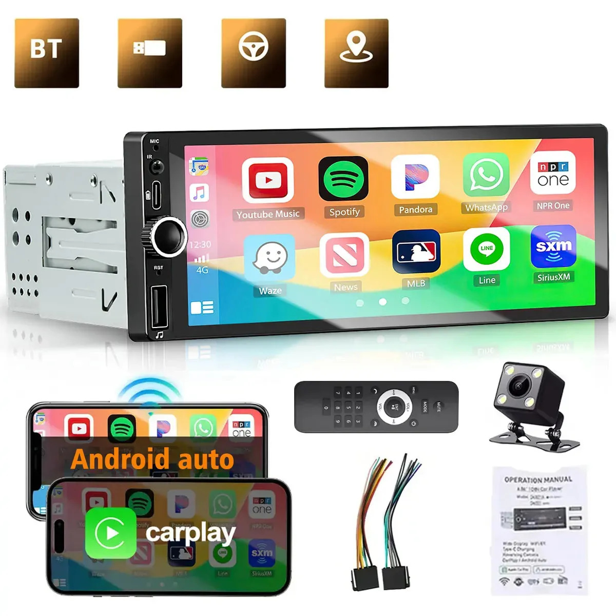 Central Multimídia Automotiva 6.86" Universal com CarPlay Sem Fio, Android Auto e GPS