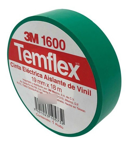 3m Temflex 1600 Cinta Aislante 0.019 X 18 Metros Verde