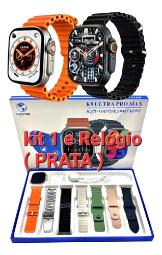 Relógio Smartwatch Ultra 9 S100 Capa Proteção +7 Pulseiras . Mesh Kit 1 E Relógio Prata .
