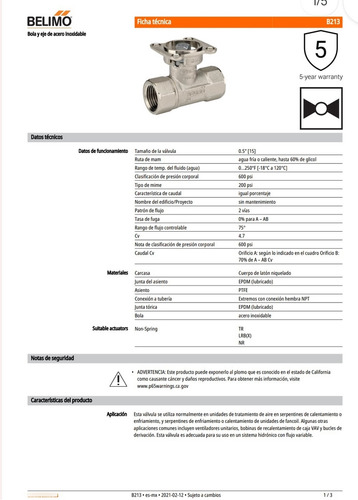 Válvula De Bola 1/2 Belimo B213+tfrx24-sr Actuador Cv 4.7