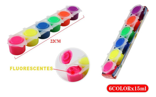 Set Pinturas Temperas Neón Fosforescentes 6 Colores 15ml