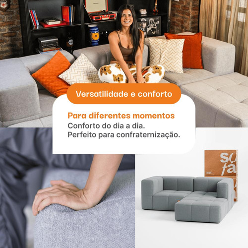 Sofá 2 Lugares Modular Na Caixa Em Boucle Com 1 Chaise Cinza