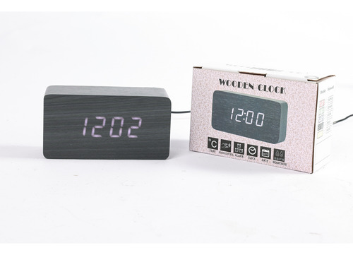 Reloj Despertador Con Fecha Y Temperatura Simil Madera Negro