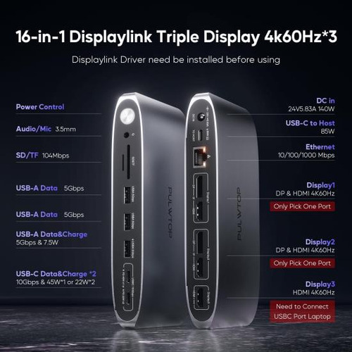 Pulwtop Displaylink Docking Station Monitor Triple Con Base