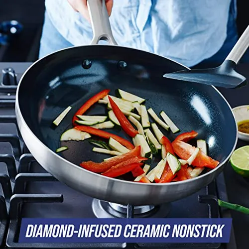 Sartén Wok De Acero Inoxidable Con Tapa, Antiadherente Cerám