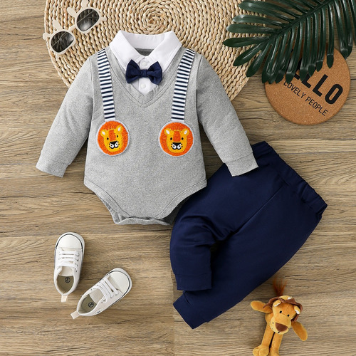 Conjunto 2 Pcs De Mameluco Con Estampado De Leoncitos Bebes Gris 0-3 M