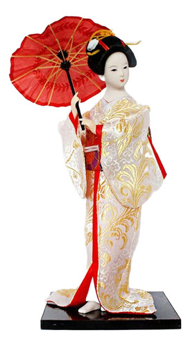 Estatuilla De Dama De Geisha Japonesa De 12 Blanco Y Dorado