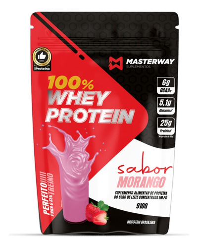 Whey Protein Masterway 910g 100% Concentrado Sabor Morango