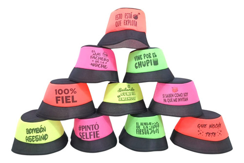 Piluso Negro Frente Fluo C/frase X10 Cotillón Carioca Fiesta Colores Lisos Fluo Y Negro