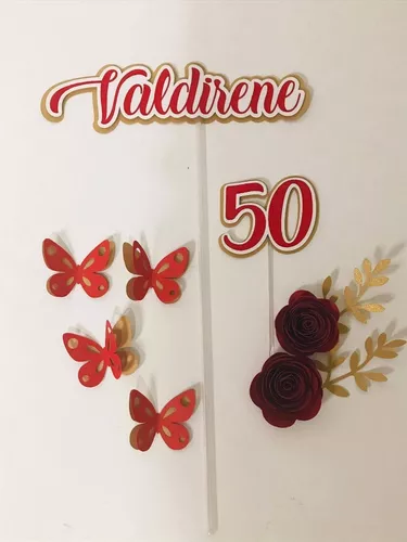 Topo De Bolo Personalizado Aniversário Rosas E Borboletas