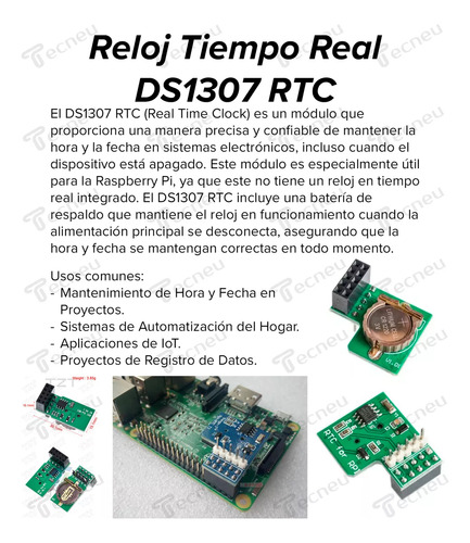Tecneu Reloj Tiempo Real Ds1307 Rtc Puerto Ttl I2c para Raspberry Pi con Pila CR1220