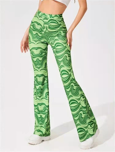 Pantalones Acampanados De Cintura Alta Elástica Con Estampad