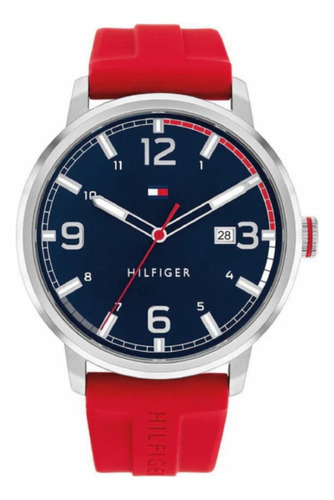 Reloj Tommy Hilfiger Th1710480 Hombre  Calendario Color Del Fondo Azul Color De La Malla Roja Color Del Bisel Plateado