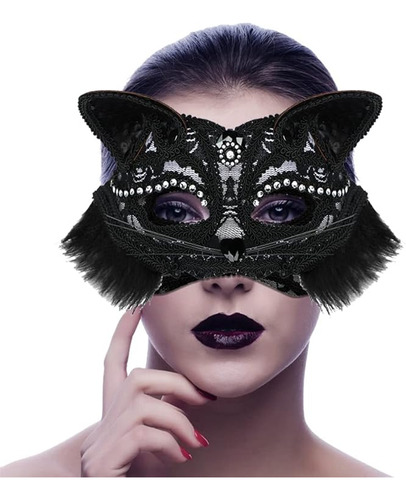 Para Mujer Disfraz Halloween Gato Media Facial Gatito Con Le