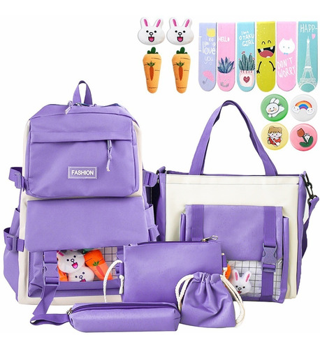 Mochila Bolsa Escolar Kawaii 5en1 Alta Capacidad Mujer Niñas