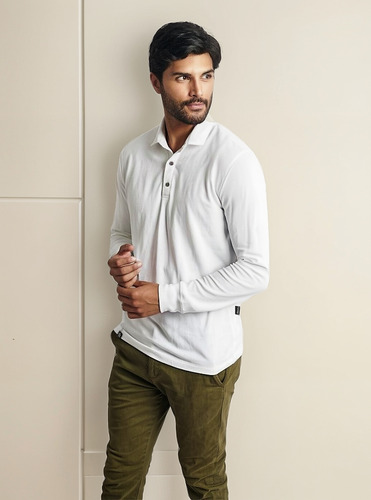 Polo Manga Larga Hombre Cuello Camisa Stealth Blanco
